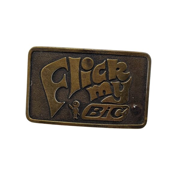 Vintage 1980s Flick My BIC Brass Belt Buckle Retro Design 3"x2" USA Made Collect - Picture 1 of 6